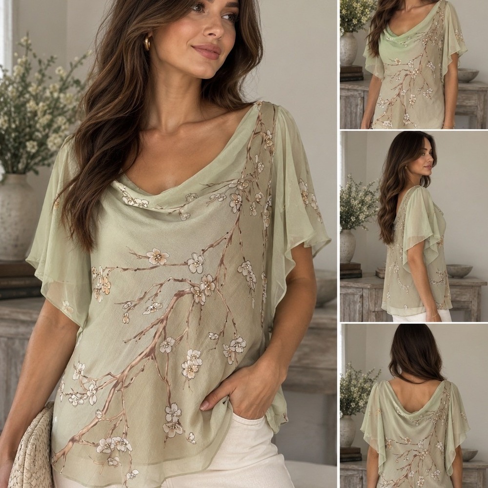 Adrianna Papell Woman 20W Silk Cherry Blossom Beaded Cowl Neck Blouse Sage Tan